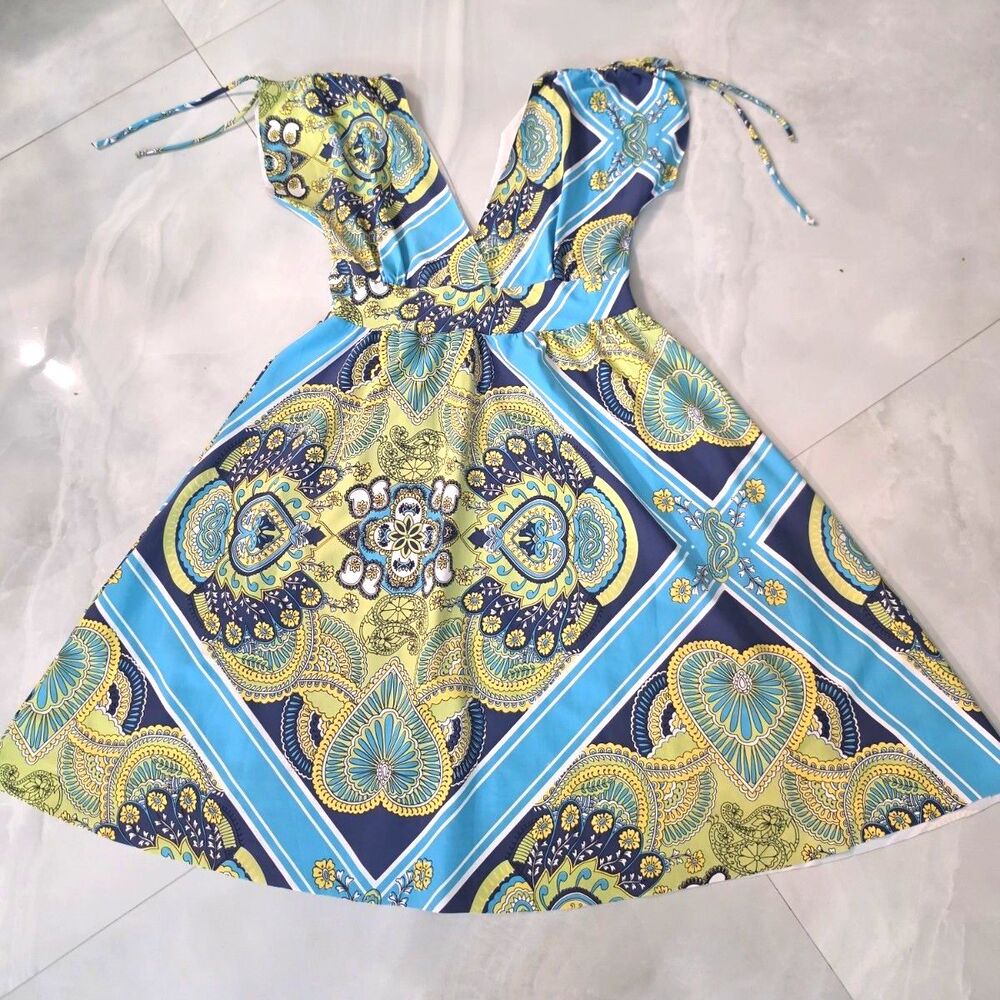 Mali Fashions Paisley Medallion V-Neck Resort Mini Dress Beach Coverup Boho M